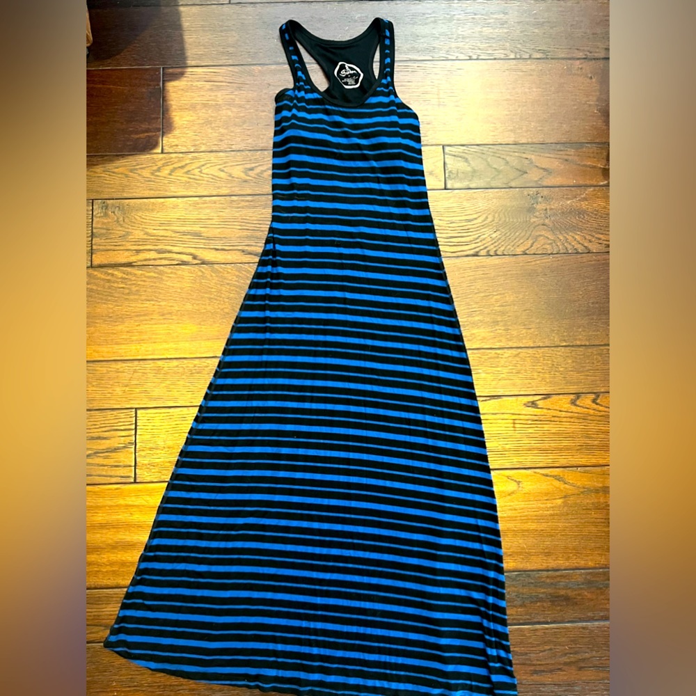 Seaton black and blue striped dress